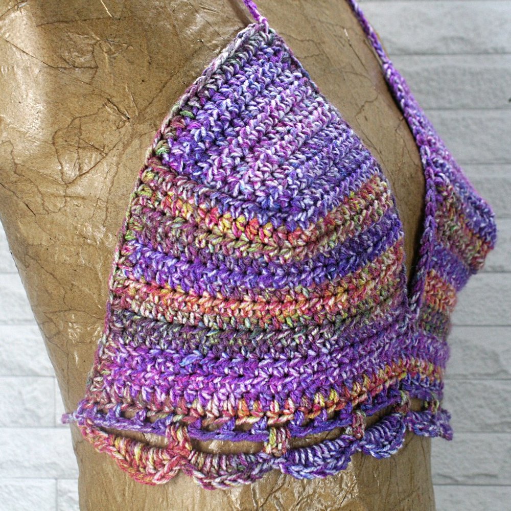 HAND CRAFTED Crop Top Crochet Bikini Halter Purple Multi Color Various - Picture 3 of 13
